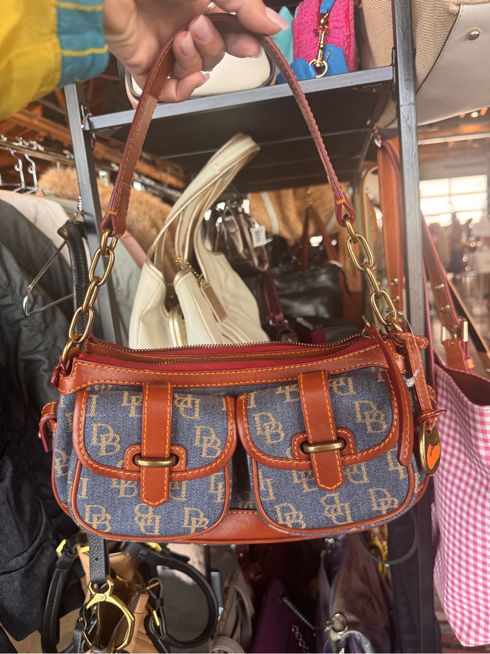 Dooney & Bourke Y2K Monogram Denim and Brown Leather Shoulder Bag